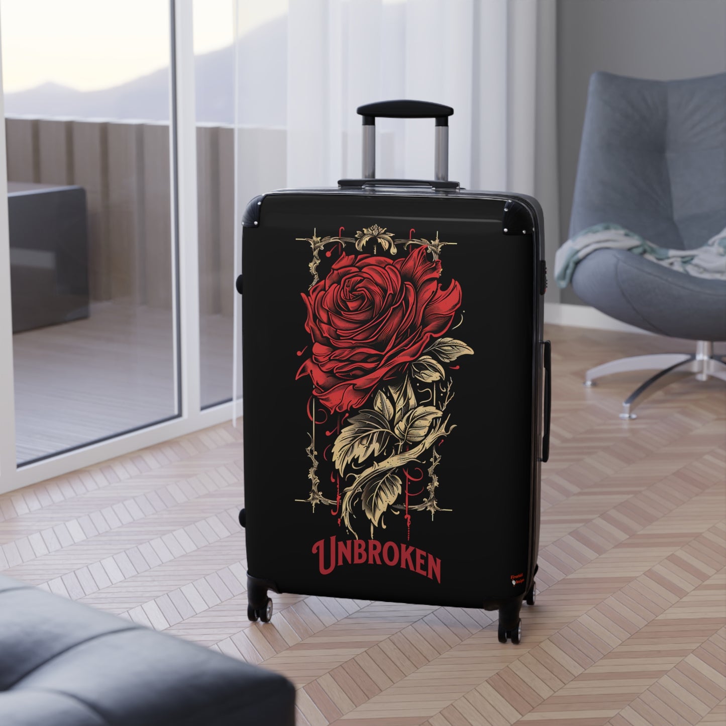 Unbroken Rose Design Hard-Shell Suitcases, Telescopic Handle, 360° Wheels, Locks, Carry-On, Medium, Large