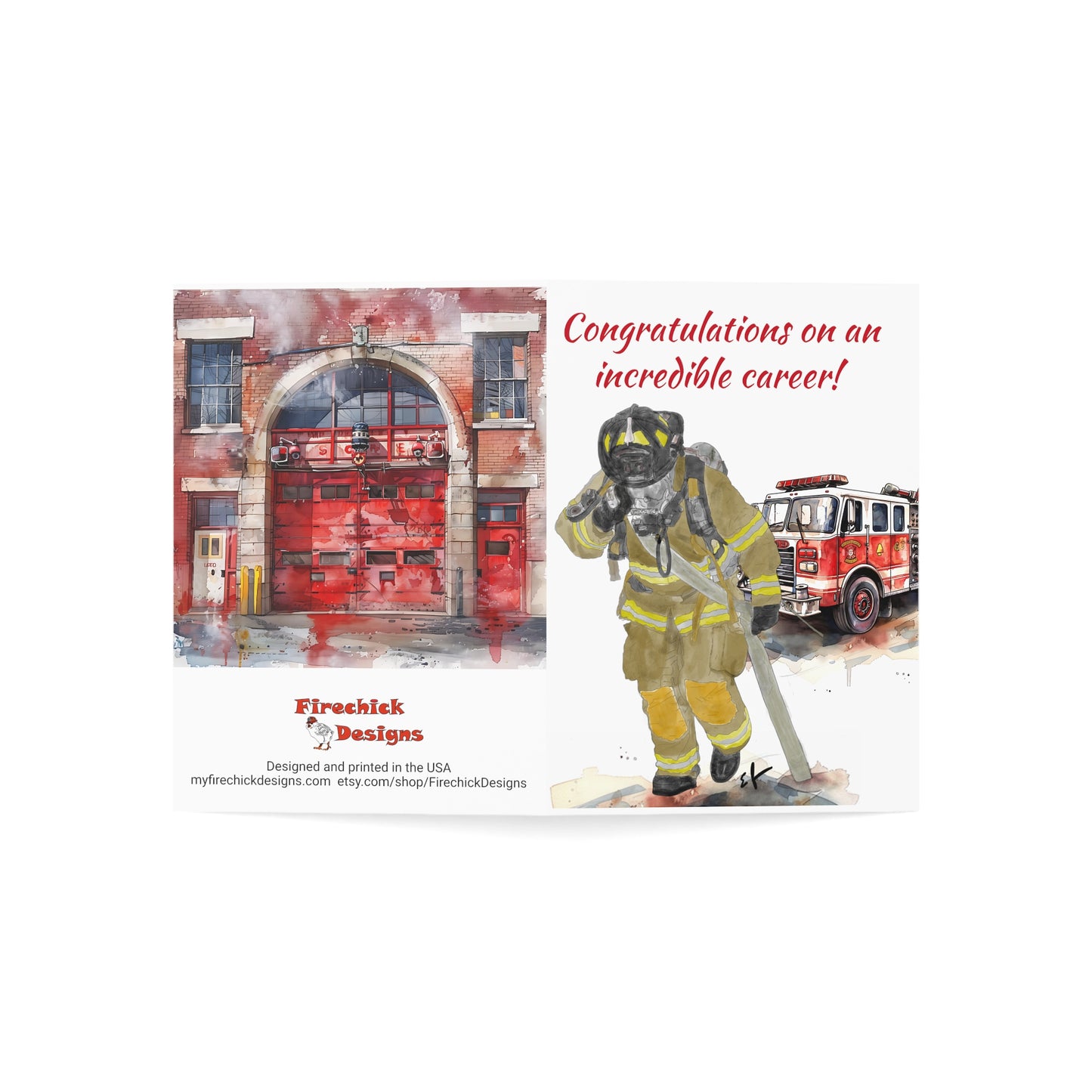 Firefighter Retirement Congratulations Greeting Card (1ea. or 10 pack), 5x7 inches, 270gsm Paper, Watercolor Fire Station Design, Envelope Included