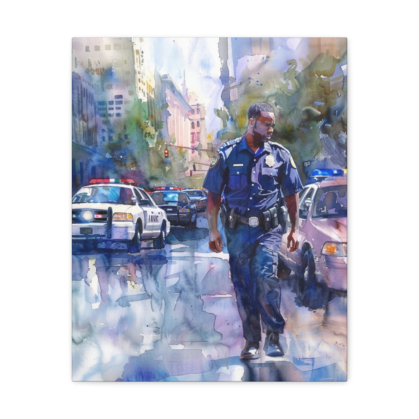 African American Police Officer #1 Canvas Gallery Wraps Watercolor Black Law Enforcement Cop America's Finest Policeman Policemen Artwork