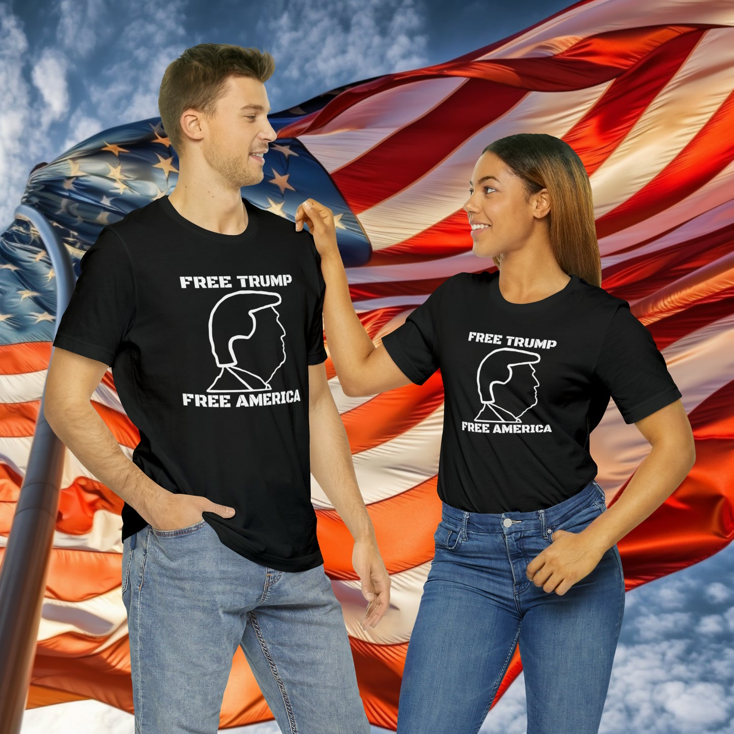 Free Trump Free America Bold Text Unisex Jersey Short Sleeve Tee | MAGA America First POTUS 45 Donald American Freedom Save USA Republican 2024