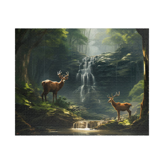 Deer in the Woods Puzzle (500, 1014-piece) | Animal Life Nature Trees Waterfall Light God's Creatures Stag Doe Buck Flora Fauna