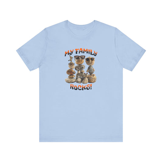 Family Rocks (Family of 3 with pets) T-Shirt with Cartoon Image, Unisex Short Sleeve, 2 Designs