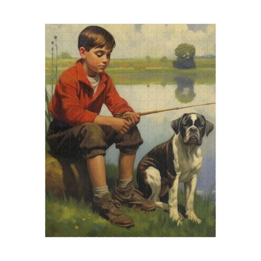 A Boy and his Boxer Puzzle (110, 252, 520-piece) | Fishing Hole Family Dog Pet Best Friends Pond Sunny Day Buddies