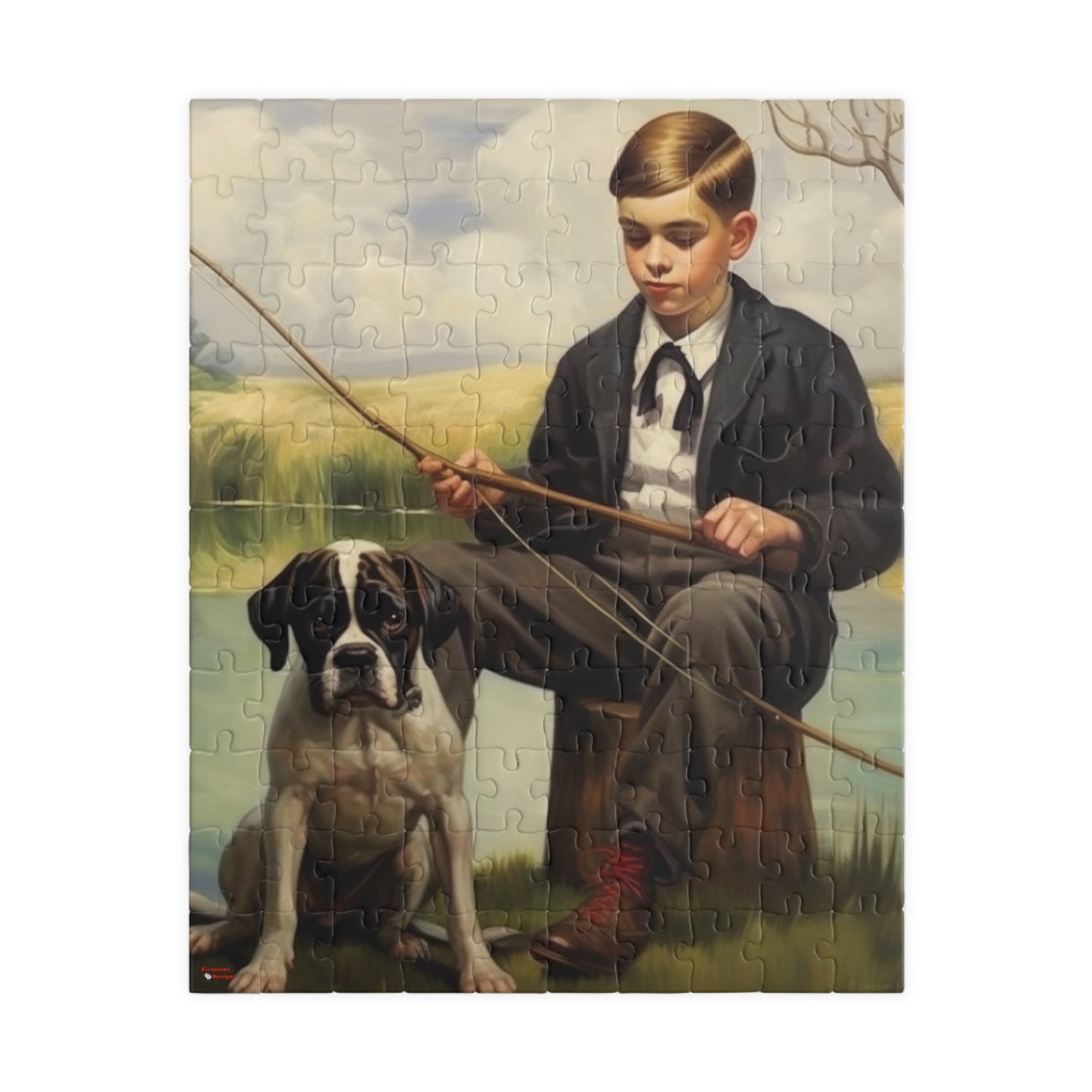 A Boy and his Boxer Puzzle, Fishing Hole with Family Dog, 110 to 1014 Pieces, Sturdy Chipboard Puzzles with Glossy Finish