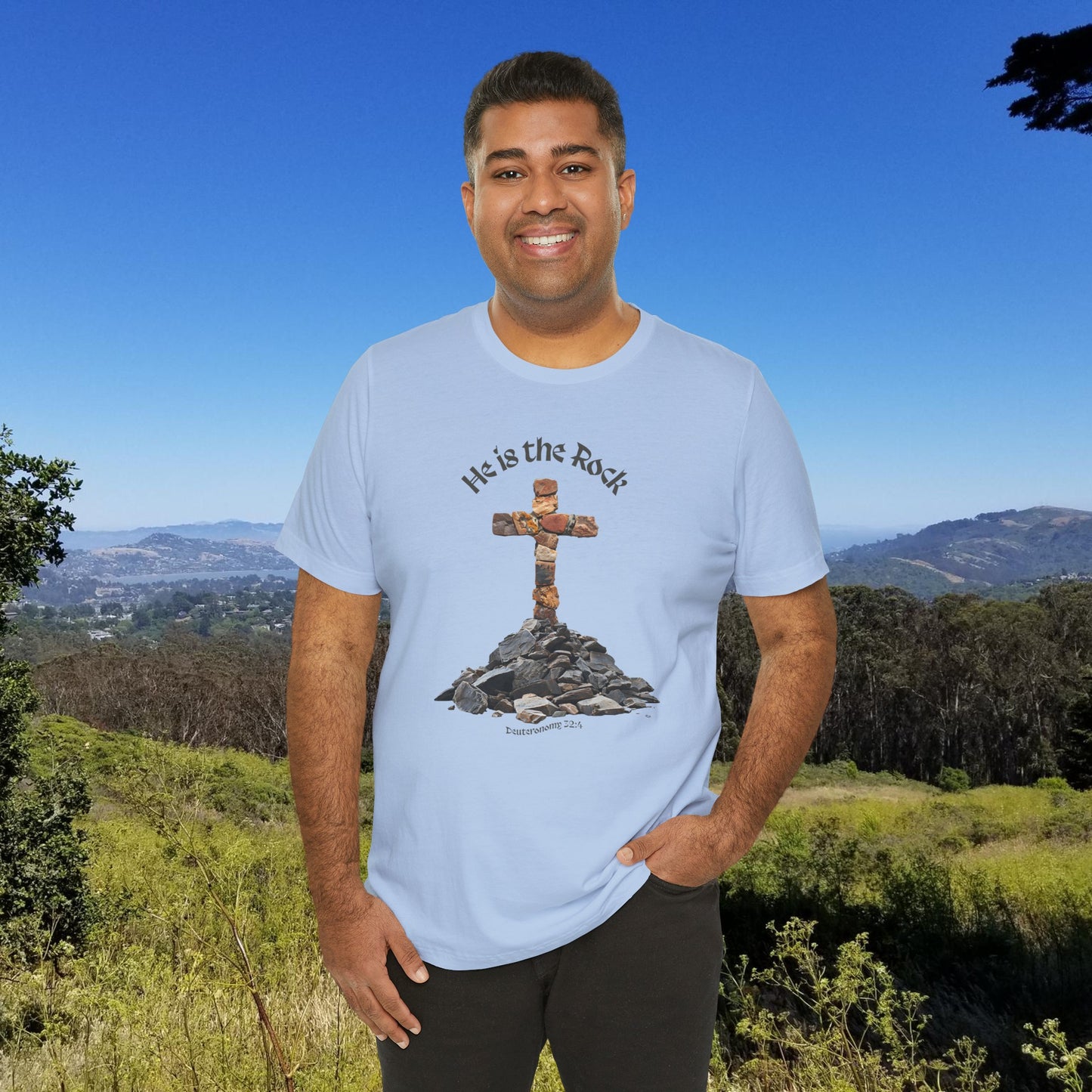 He is the Rock Cross T-Shirt, Small - XL, White or Solid Colors, Unisex Jersey Short Sleeve