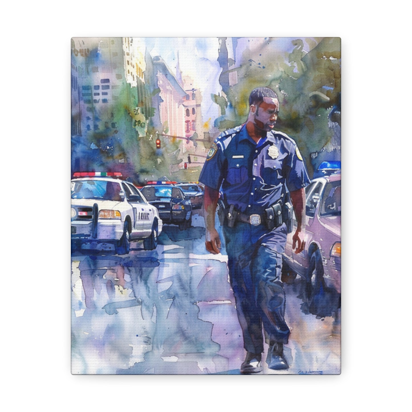 African American Police Officer #1 Canvas Gallery Wraps Watercolor Black Law Enforcement Cop America's Finest Policeman Policemen Artwork