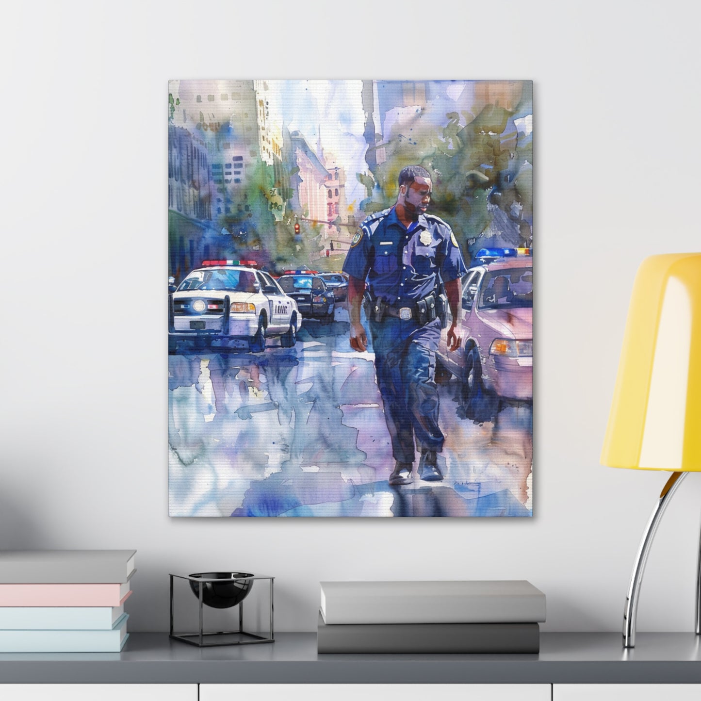 African American Police Officer #1 Canvas Gallery Wraps Watercolor Black Law Enforcement Cop America's Finest Policeman Policemen Artwork