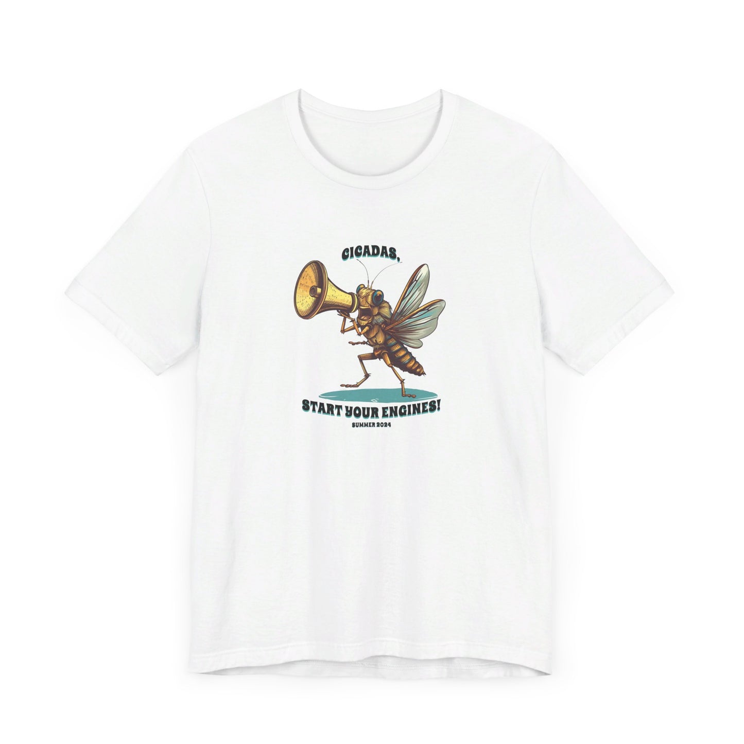 Unisex Cicada Graphic Jersey Tee, Short Sleeve, 'Cicadas, Start Your Engines' Summer 2024 100% Cotton (White) or 52% Cotton/48% Polyester (Natural, Baby Blue)