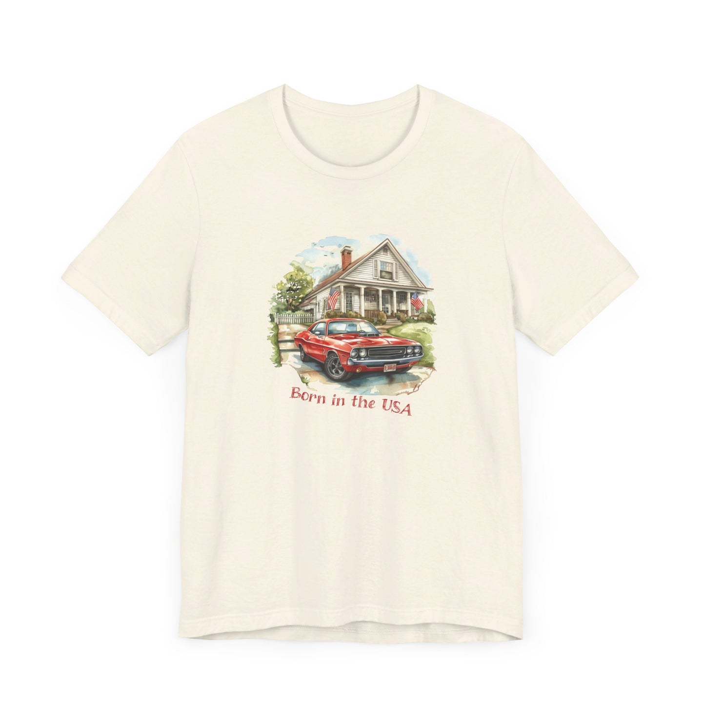 Born in the USA Unisex Jersey Short Sleeve Tee, Watercolor American Muscle Car Design, 100% Cotton/Cotton Blend, White/Natural, Car Guy Gift