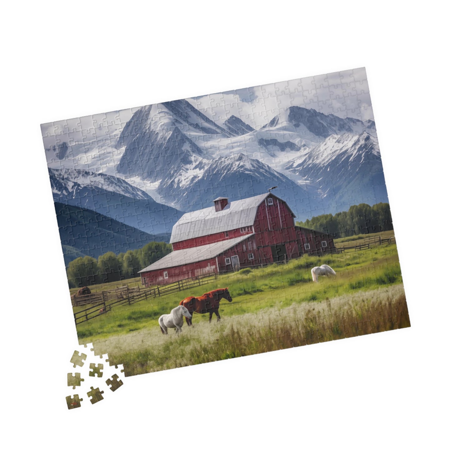 Country Scenic Puzzle with Red Barn, Horses, Mountains, 110-1014 Pieces Beautiful Scenic Country Living Horses Jig Saw America Family Fun Tabletop Indoor Games