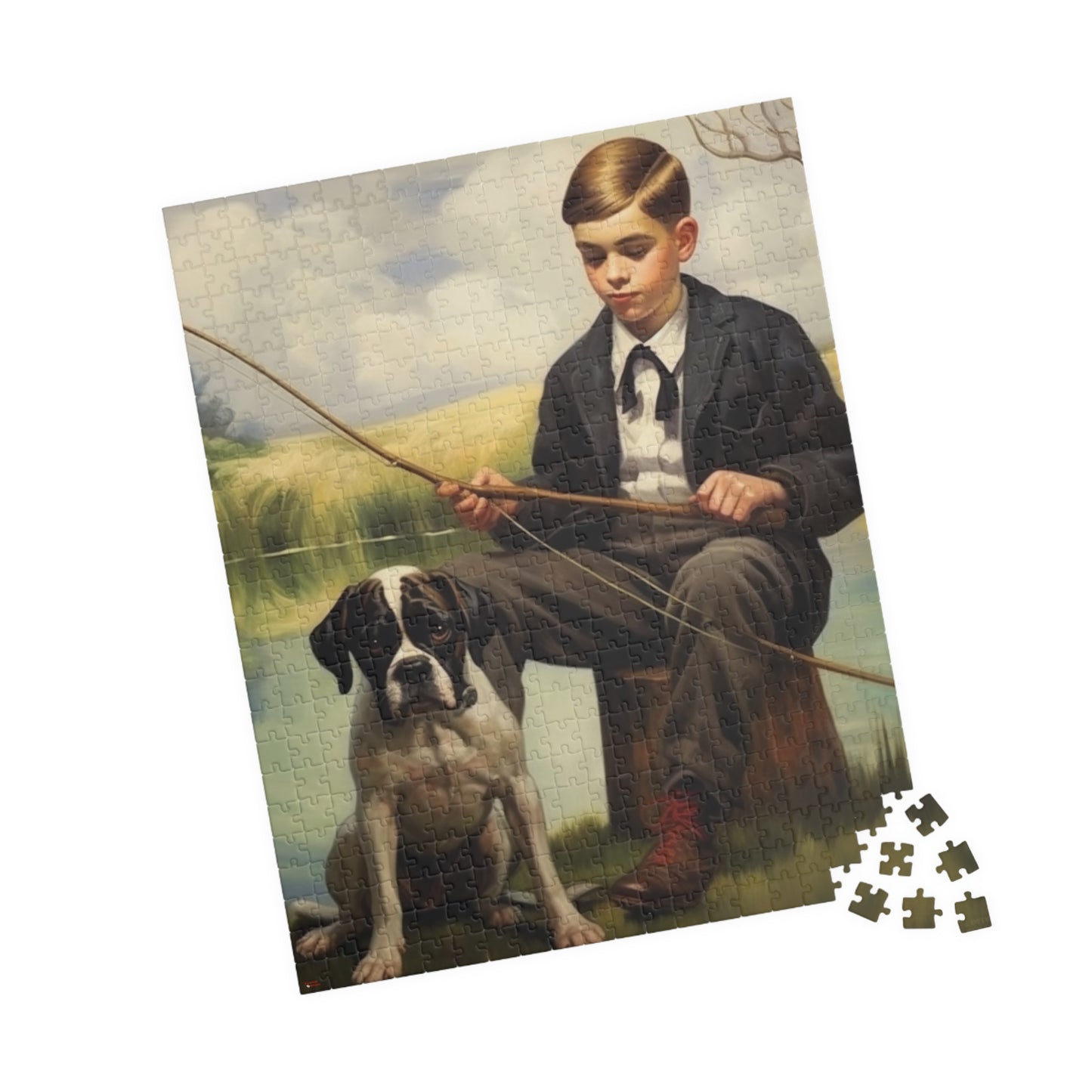 A Boy and his Boxer Puzzle, Fishing Hole with Family Dog, 110 to 1014 Pieces, Sturdy Chipboard Puzzles with Glossy Finish