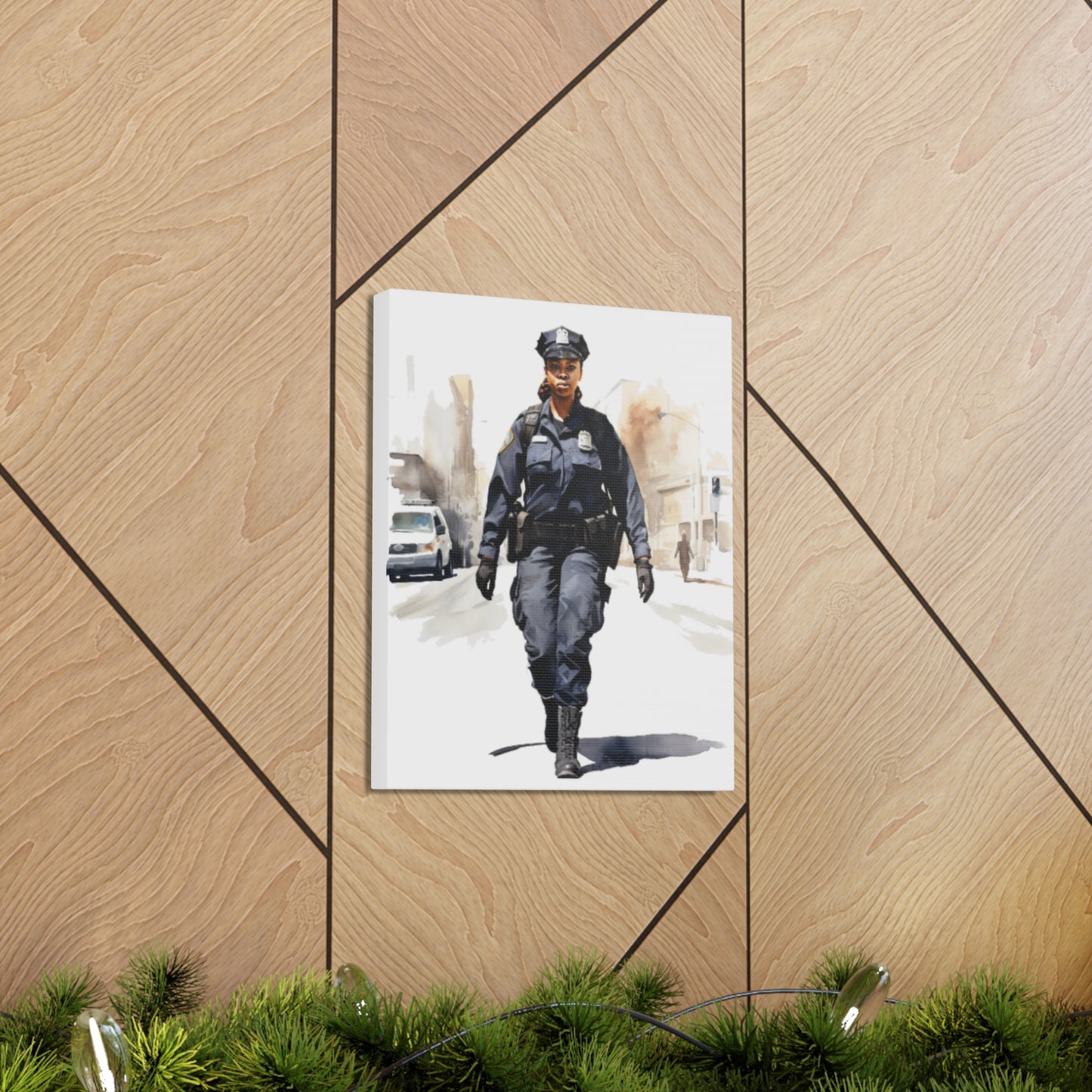 African American Police Officer Design #4 Canvas Gallery Wraps | Black Lady Female Law Enforcement Watercolor America's Finest Peace Art