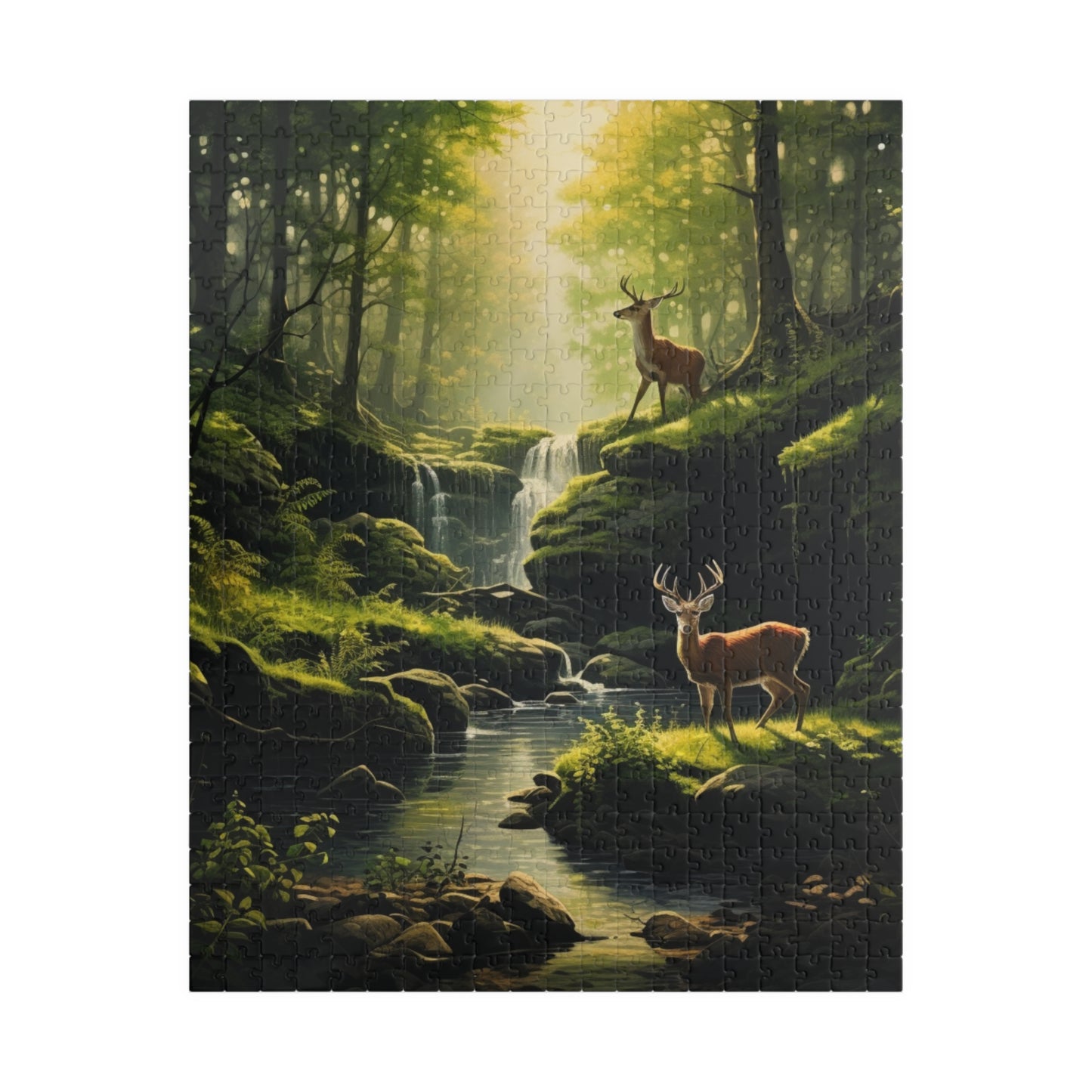 Nature's Wilderness Puzzle (500, 1014-piece) | Animal Life Nature Trees Waterfall Light God's Creatures Stag Doe Buck Flora Fauna