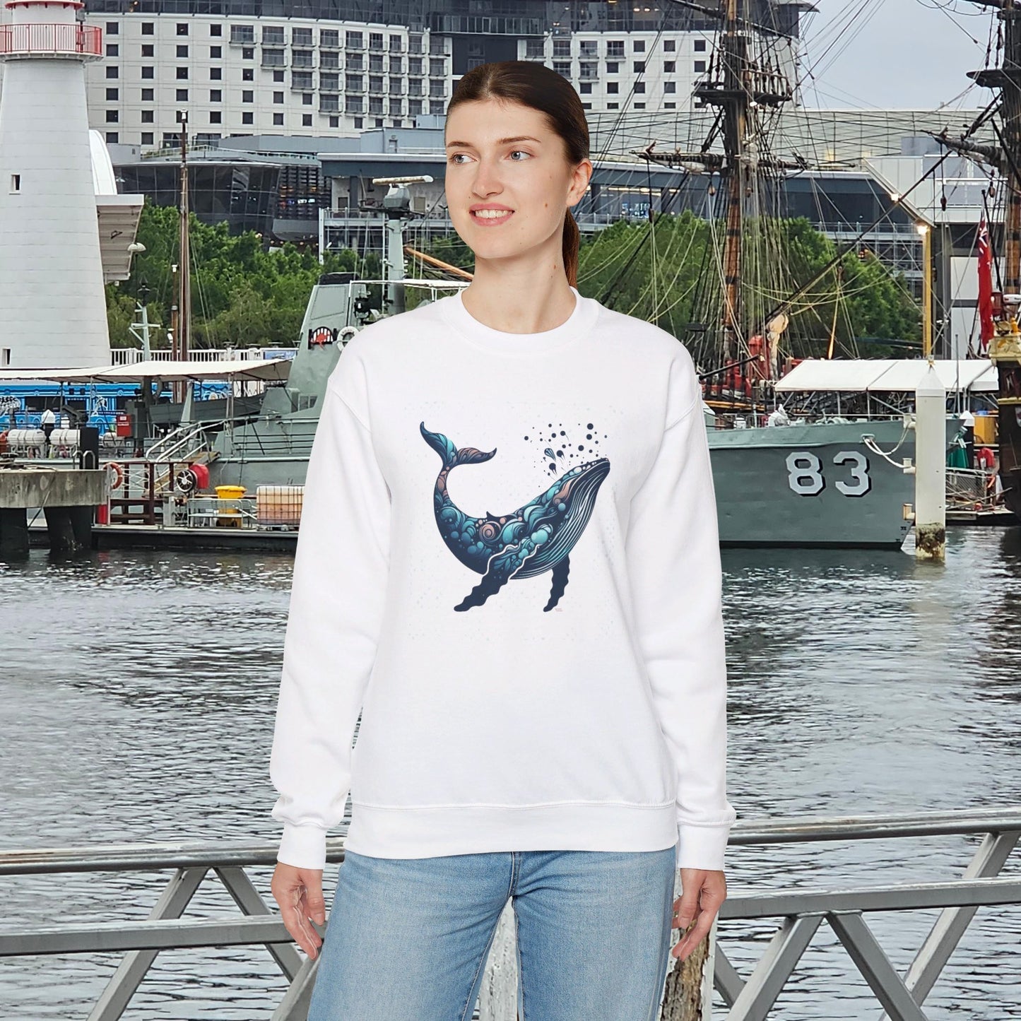 Whale Print Sweatshirt, Unisex Heavy Blend™ Crewneck Sweatshirt, Abstract Humpback Design, Poly-Cotton Comfort Fit