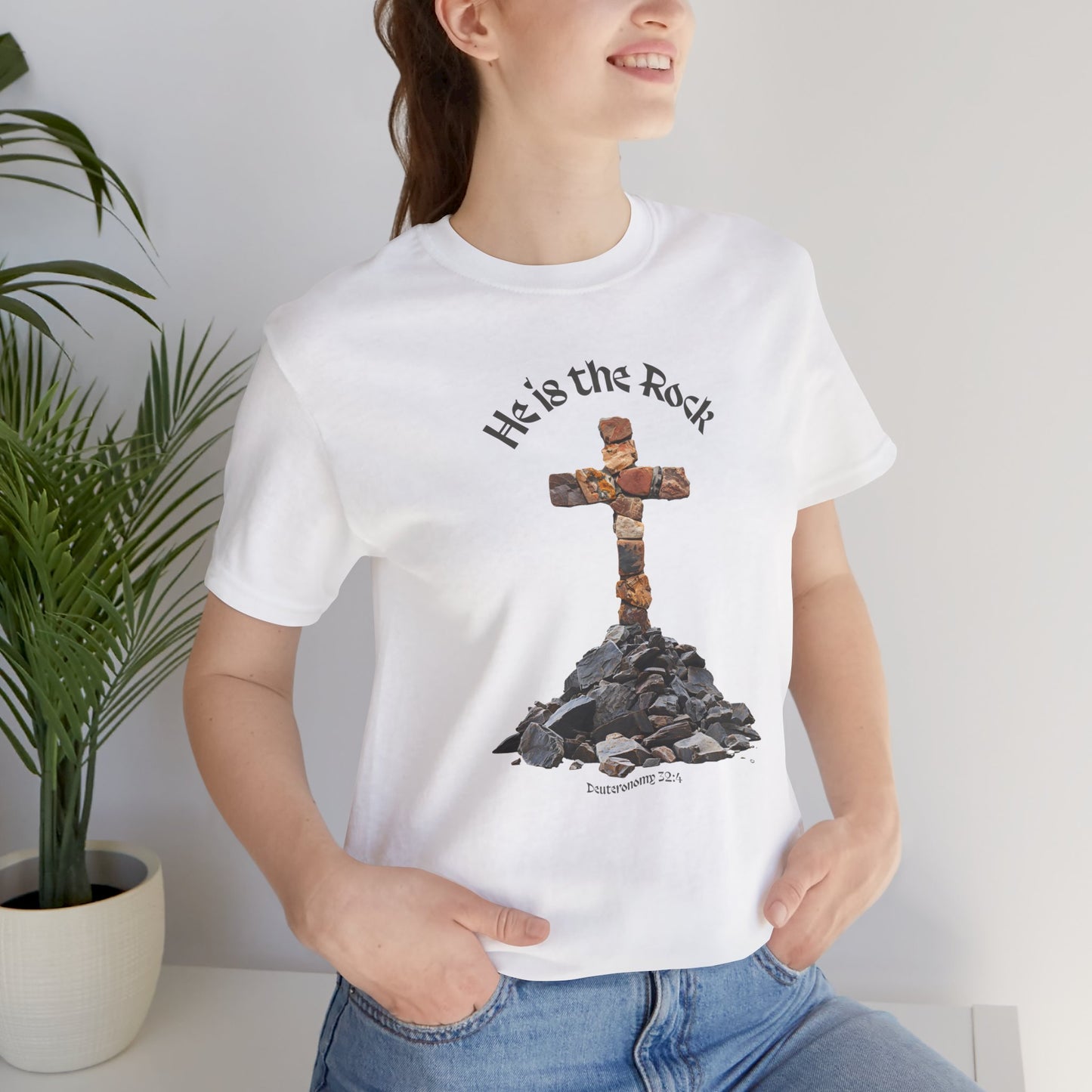 He is the Rock Cross T-Shirt, Small - XL, White or Solid Colors, Unisex Jersey Short Sleeve