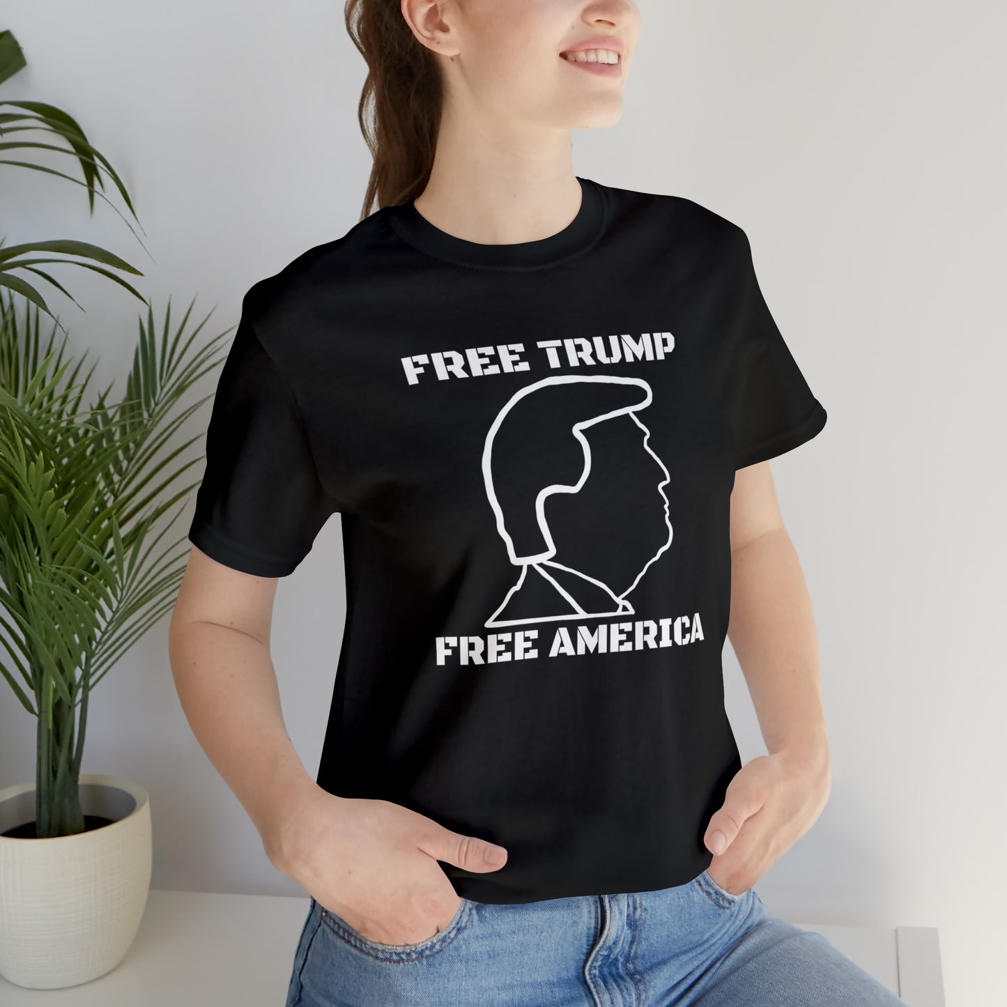 Free Trump Free America Bold Text Unisex Jersey Short Sleeve Tee | MAGA America First POTUS 45 Donald American Freedom Save USA Republican 2024