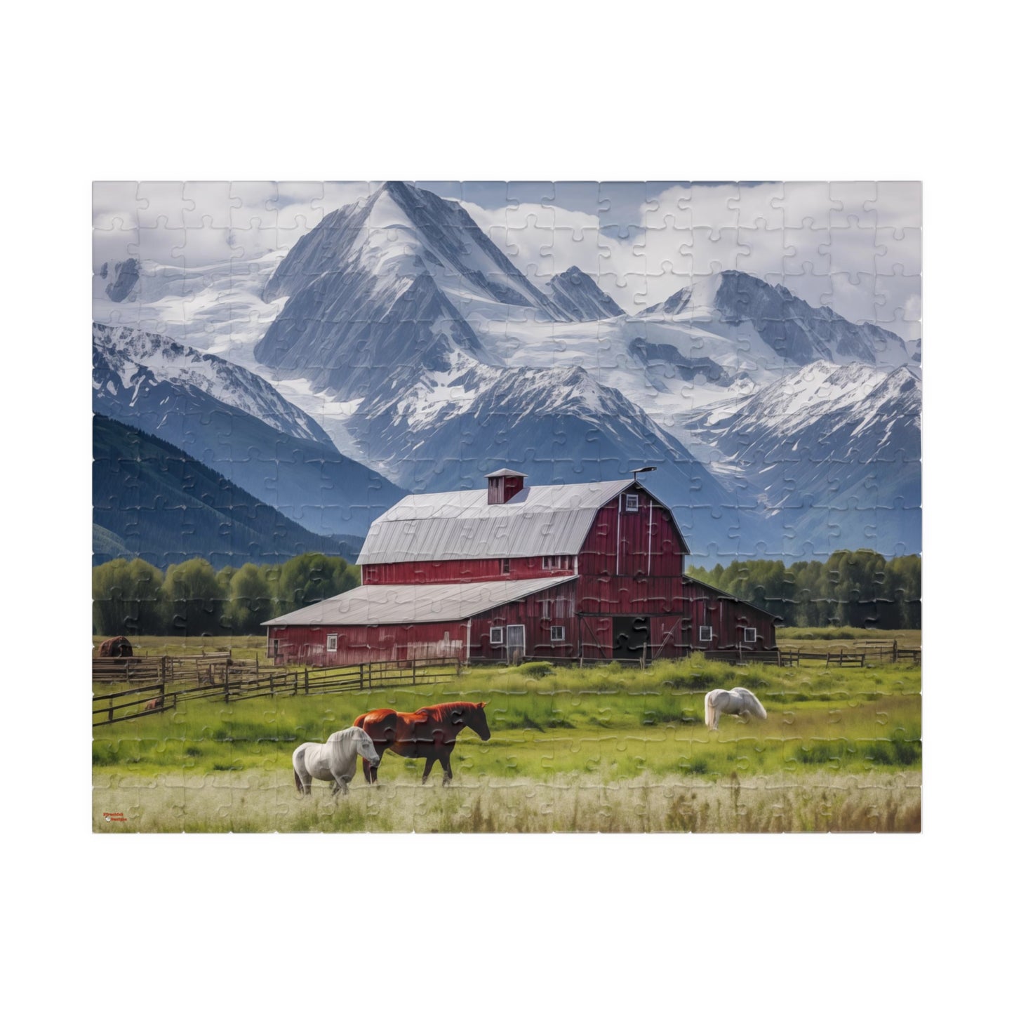 Country Scenic Puzzle with Red Barn, Horses, Mountains, 110-1014 Pieces Beautiful Scenic Country Living Horses Jig Saw America Family Fun Tabletop Indoor Games