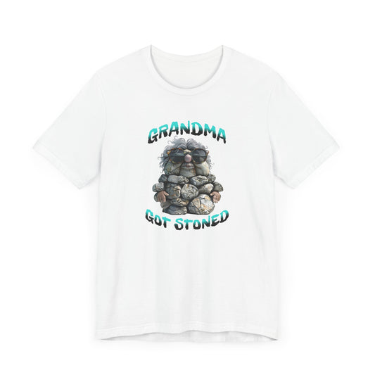 Grandma Got Stoned T-Shirt, Cartoon Rock Grandma Design, Ribbed Collar, Dual Seams, Tapered Shoulders, Cotton Blend, S-XL, White, Natural, Athletic Heather