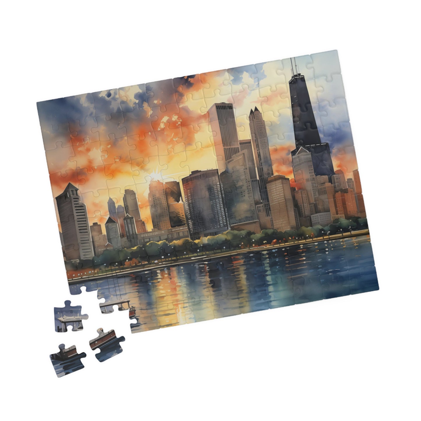 The Windy City Puzzle (110, 252, 520, 1014-piece) 1000 Piece Watercolor Chicago Skyline Jig Saw Cityscape Family Games Painting Wall Art