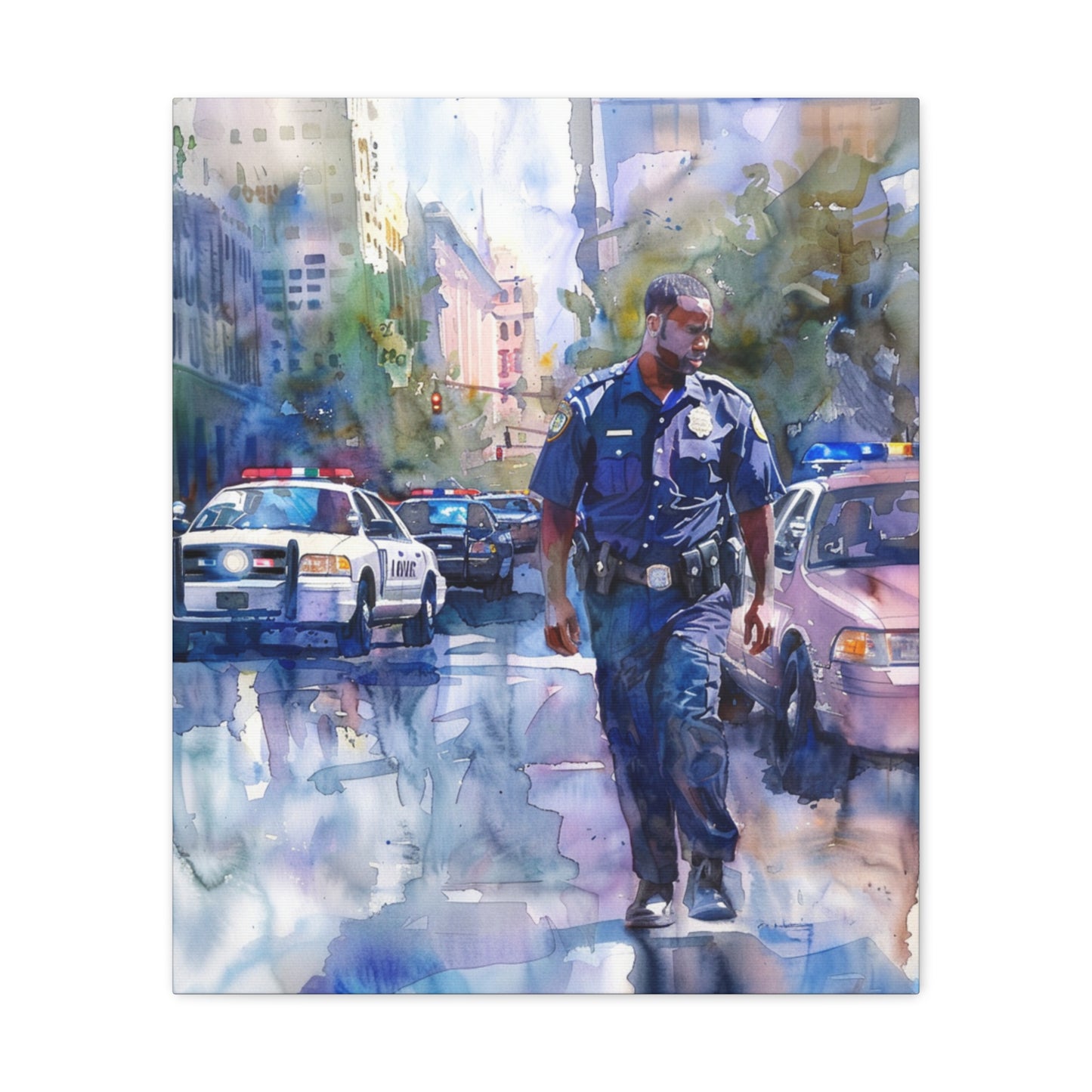 African American Police Officer #1 Canvas Gallery Wraps Watercolor Black Law Enforcement Cop America's Finest Policeman Policemen Artwork