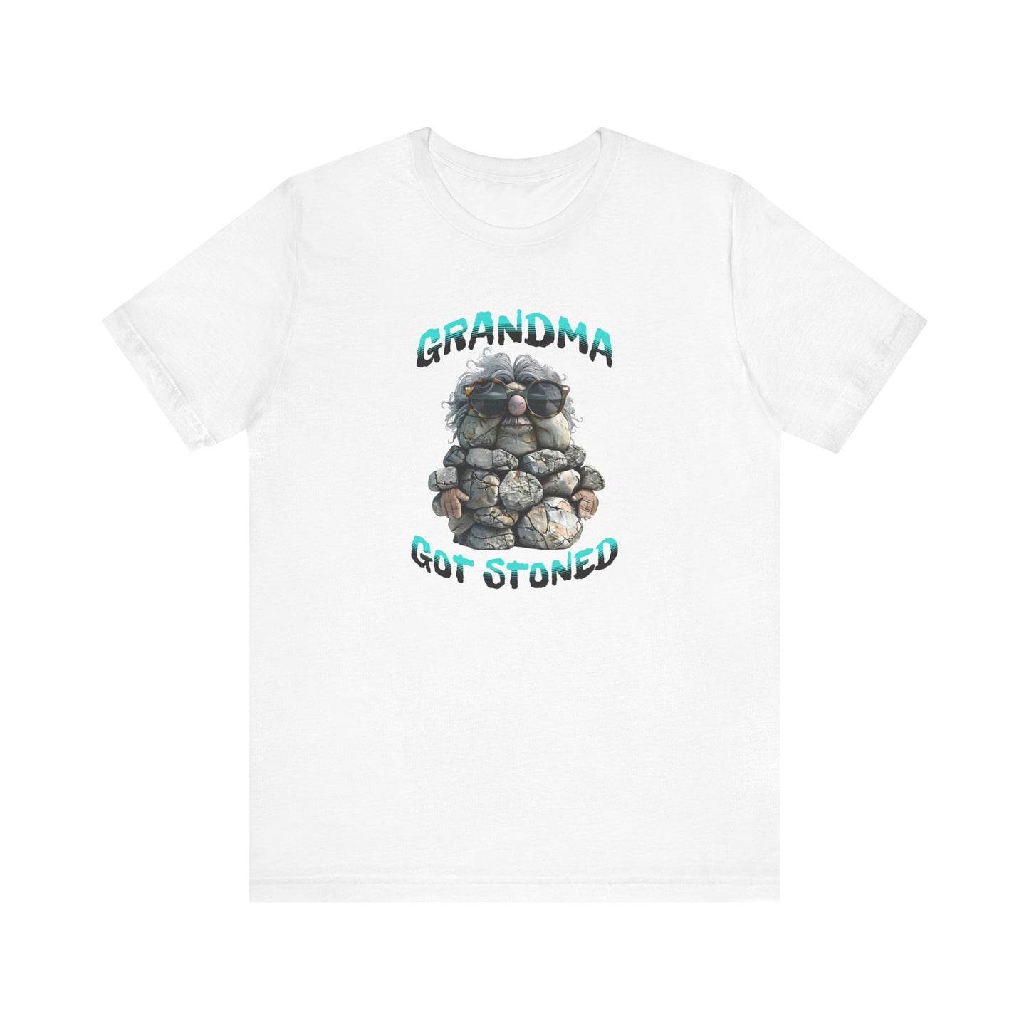 Grandma Got Stoned T-Shirt, Cartoon Rock Grandma Design, Ribbed Collar, Dual Seams, Tapered Shoulders, Cotton Blend, S-XL, White, Natural, Athletic Heather