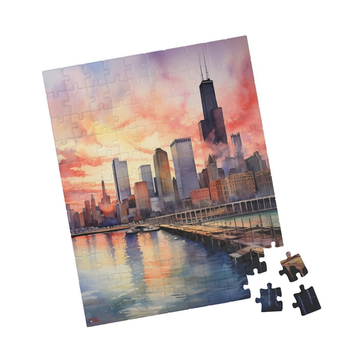 Chicago Skyline Puzzle (110, 252, 520, 1014-piece) Watercolor 1000 Piece Windy City Skyline Chi-town Jig Saw Painting Wall Art Family Games