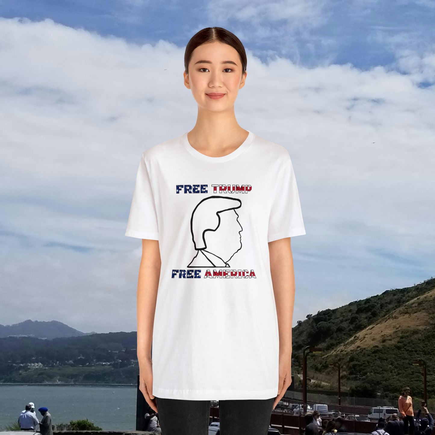 Free Trump Free America Unisex Jersey Short Sleeve Tee | MAGA America First POTUS 45 Donald American Freedom Save USA Republican 2024