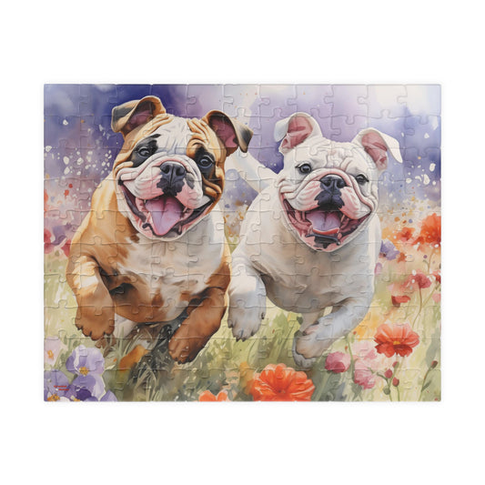 Wildflower Field with Running Bulldogs Jigsaw Puzzle (110, 252, 520, 1014-piece)English British Dog Family Pet K9 Canine Mastiff Puppy Tabletop Games Jig Saw