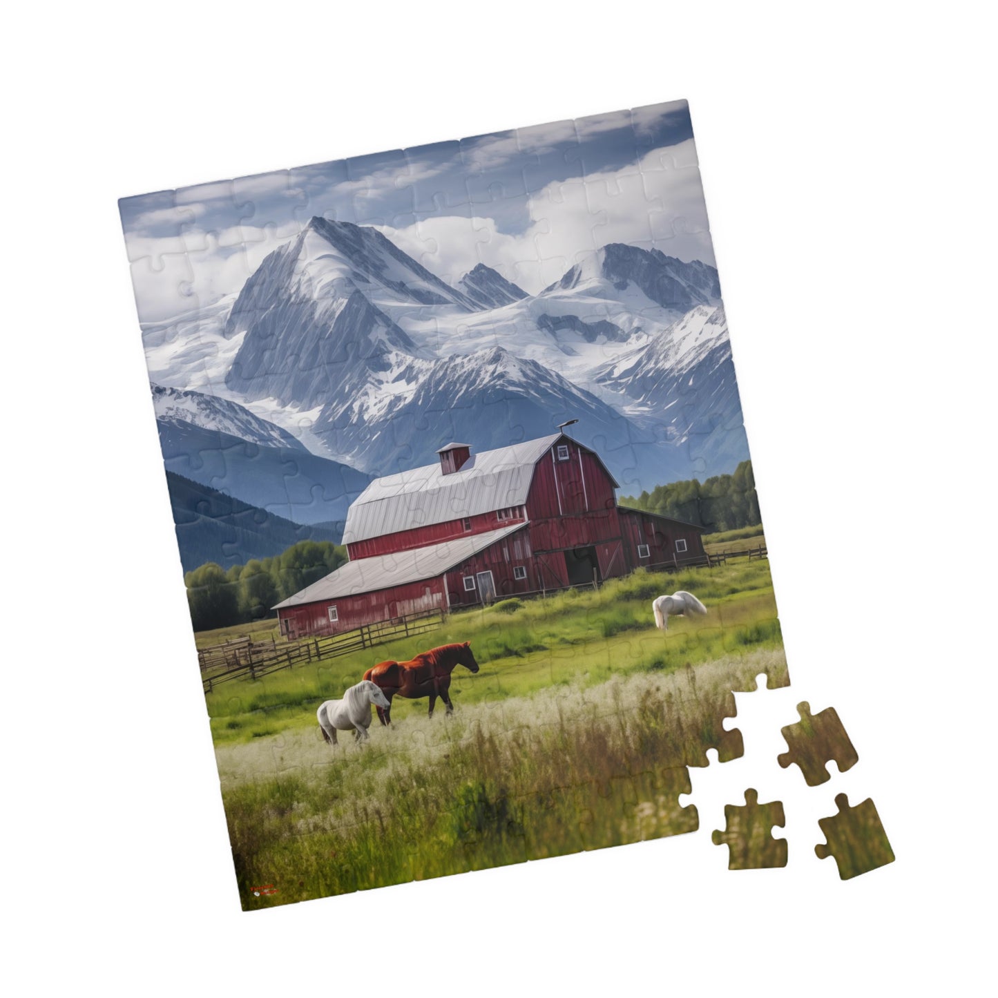 Country Scenic Puzzle with Red Barn, Horses, Mountains, 110-1014 Pieces Beautiful Scenic Country Living Horses Jig Saw America Family Fun Tabletop Indoor Games