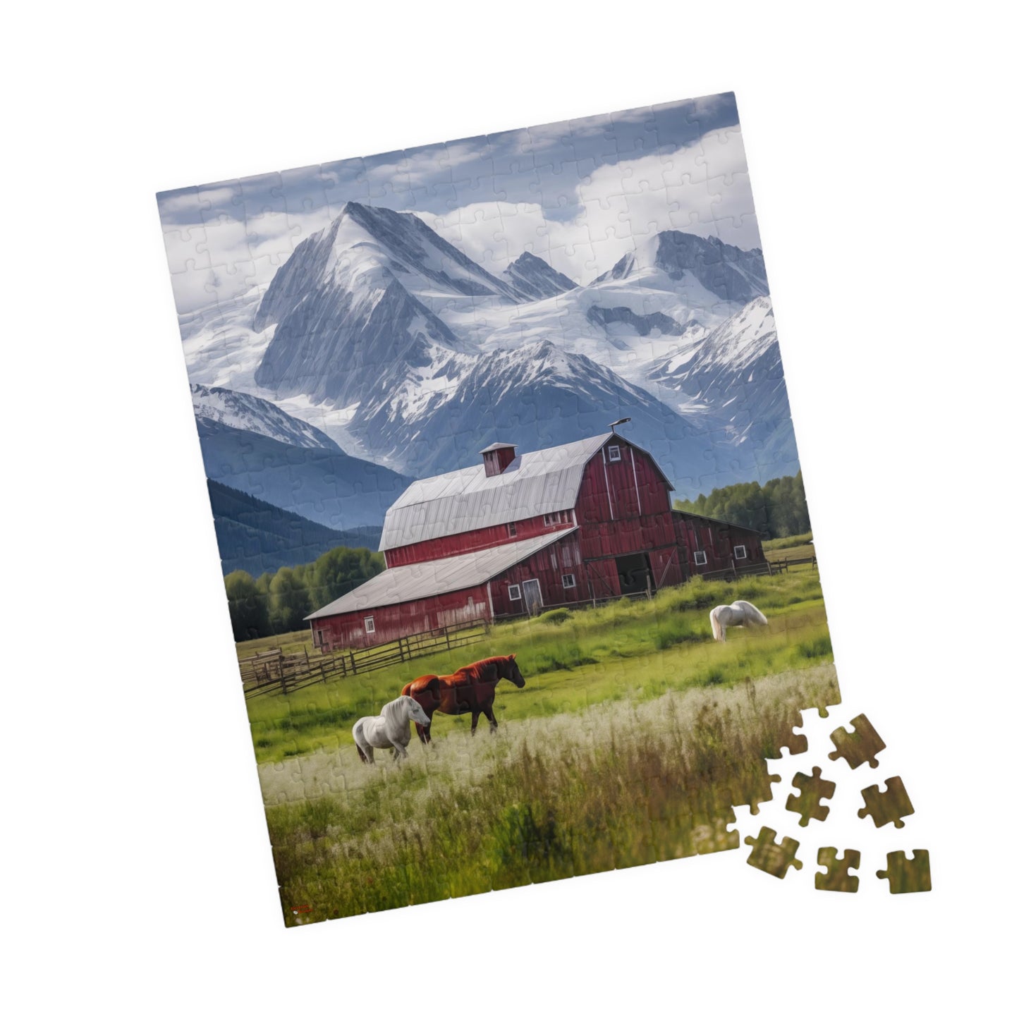 Country Scenic Puzzle with Red Barn, Horses, Mountains, 110-1014 Pieces Beautiful Scenic Country Living Horses Jig Saw America Family Fun Tabletop Indoor Games