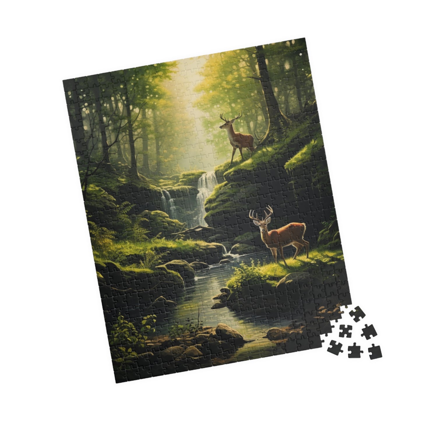 Nature's Wilderness Puzzle (500, 1014-piece) | Animal Life Nature Trees Waterfall Light God's Creatures Stag Doe Buck Flora Fauna