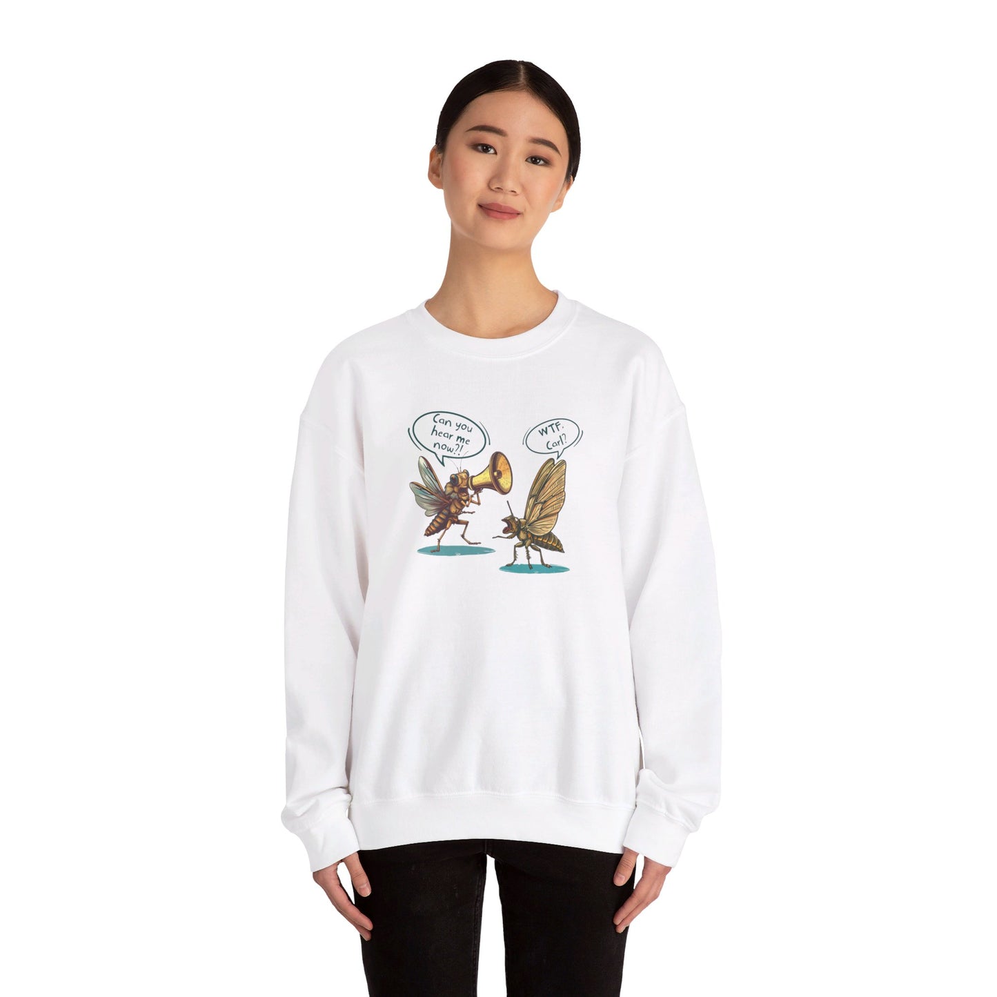 Retro Cicada Cartoon Unisex Crewneck Sweatshirt, 50% Cotton/50% Polyester Blend, 8.0 oz/yd² (271.25 g/m²), Medium-Heavy Fabric, White