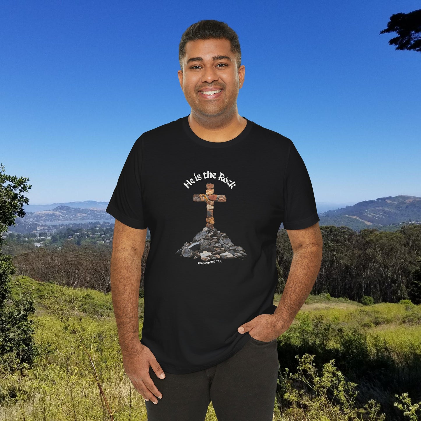 He is the Rock Cross T-Shirt, Small - XL, Solid Colors, Unisex Jersey Short Sleeve Tee