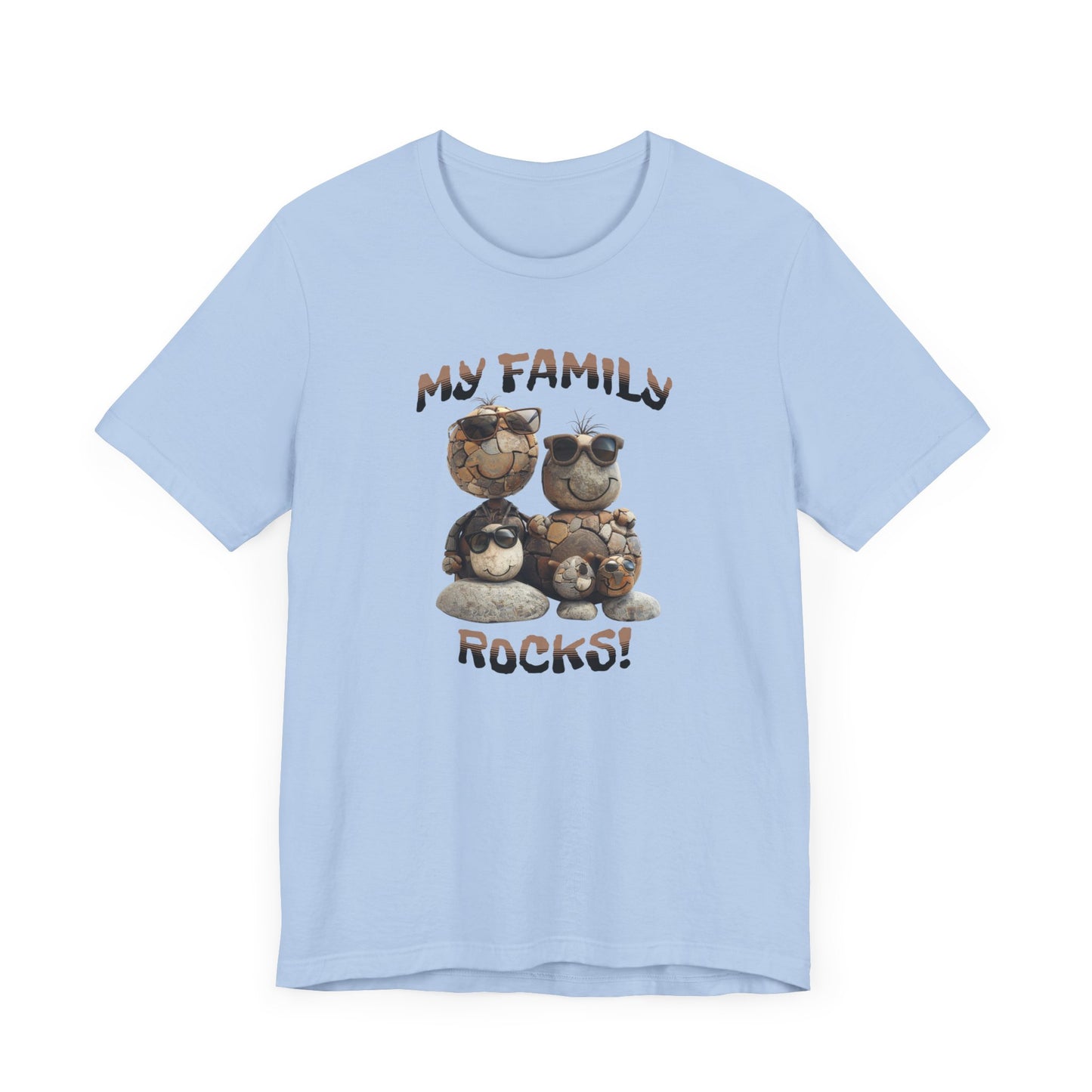 My Family Rocks! Cartoon Family T-Shirt, Short Sleeve, White or Baby Blue, Retail Fit, Cotton Blend