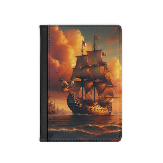 Wooden Ship Sunset Passport Cover, Faux Leather, RFID Blocking, 3.9" x 5.8" (10cm x 14.7cm), Inner Pockets