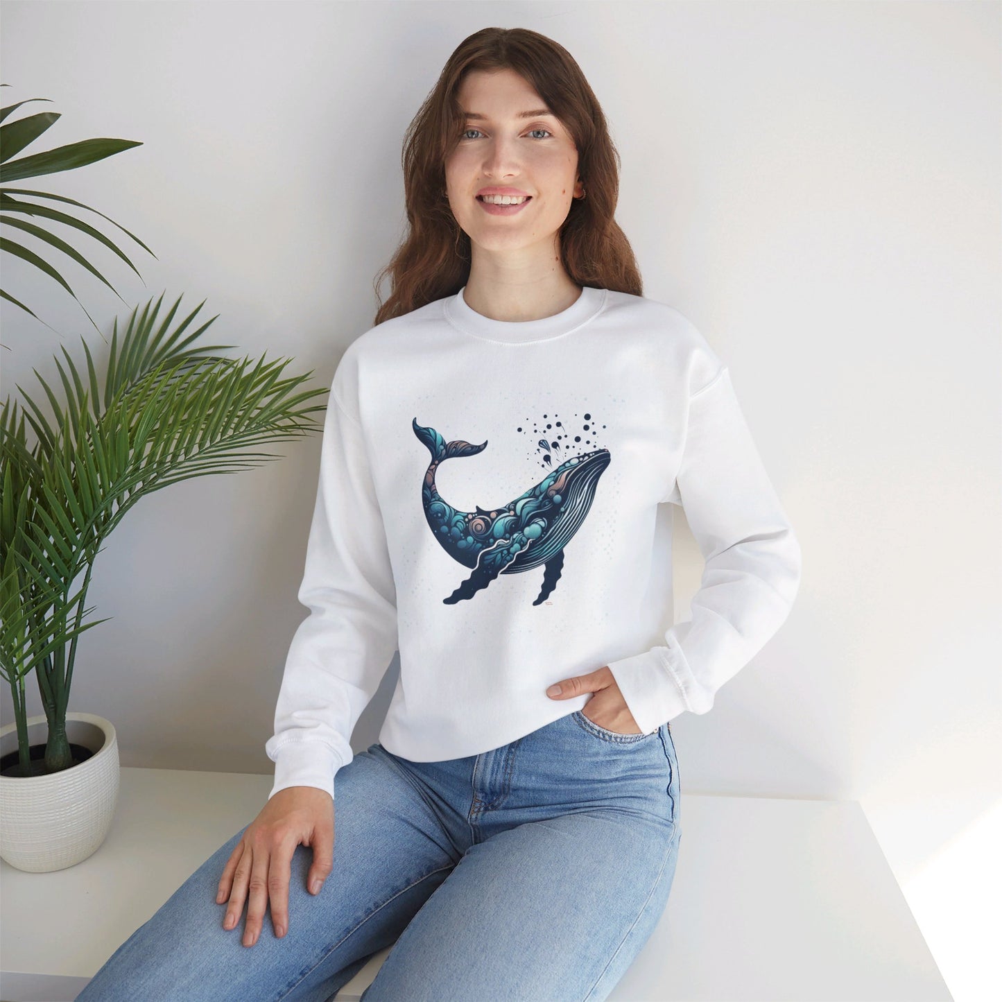 Whale Print Sweatshirt, Unisex Heavy Blend™ Crewneck Sweatshirt, Abstract Humpback Design, Poly-Cotton Comfort Fit