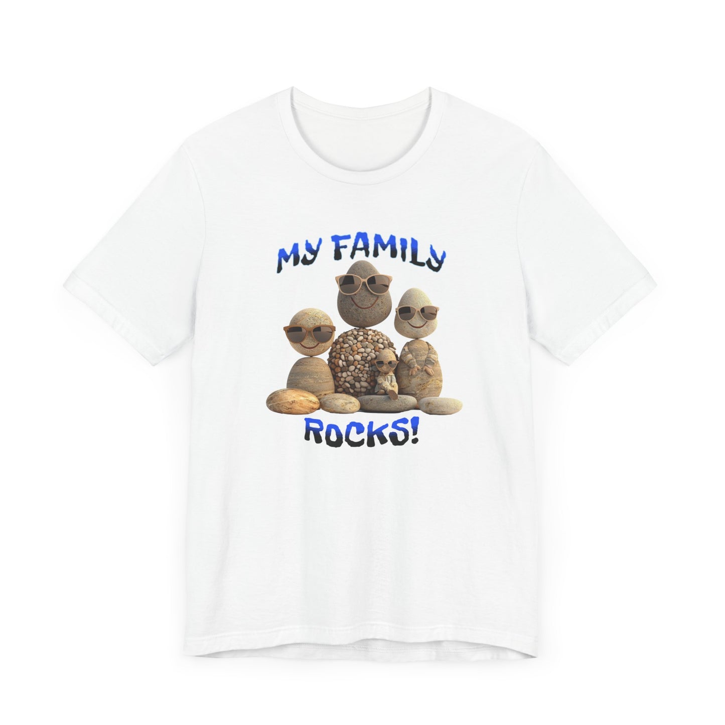 Family Rocks T-Shirt with Cartoon Image, Ribbed Collar, Dual Seams, Tapered Shoulders, 100% Cotton, White, Natural or Baby Blue, S-XL