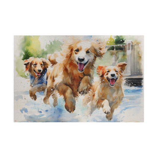 Release the Hounds Puzzle (110, 252, 500, 1014-piece) | Jigsaw Golden Retriever Dog Playing Pack Jig Saw Watercolor