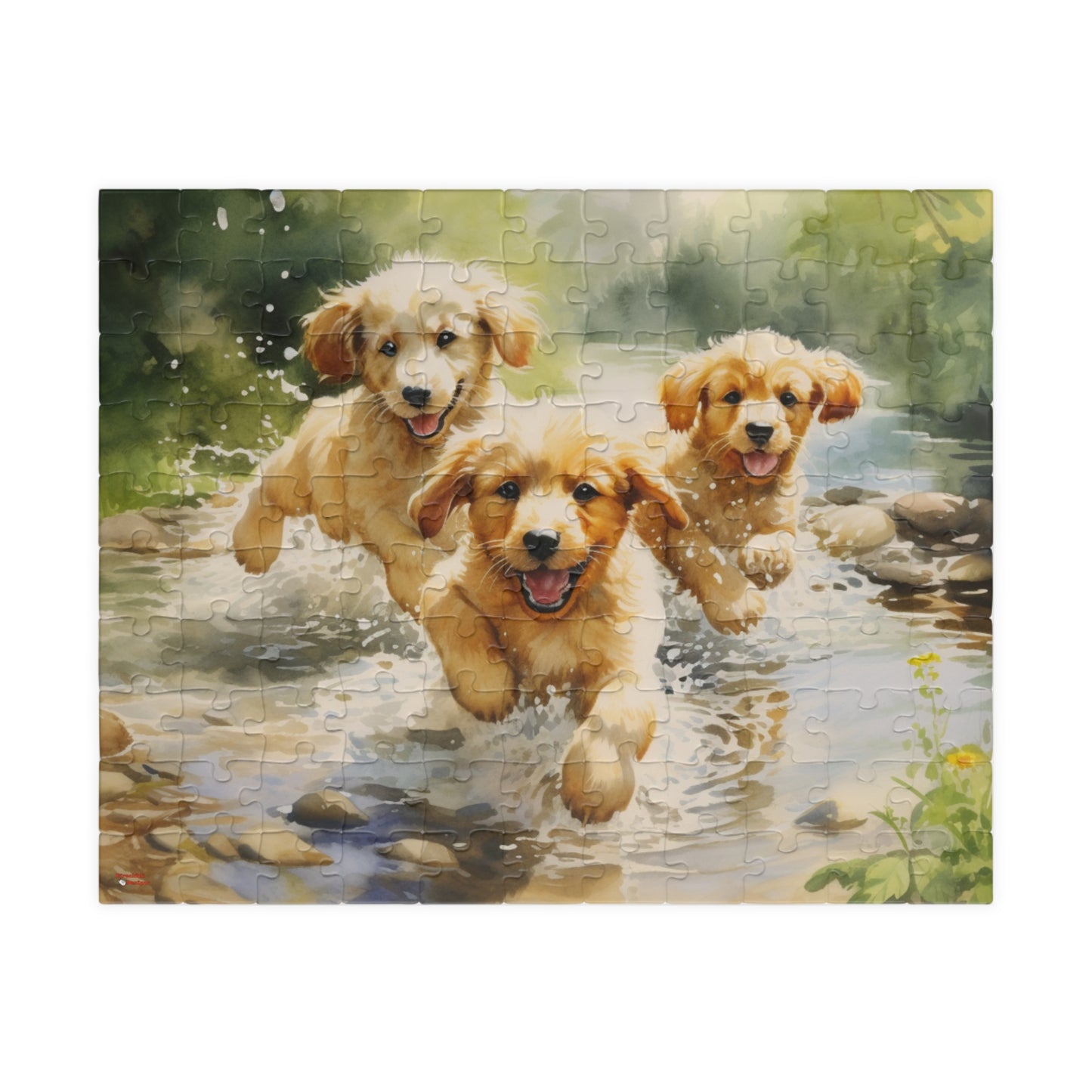 Three Golden Puppies Puzzle Jigsaw Cute Retrievers Playing in Stream Dog Dogs Watercolor Jig Saw