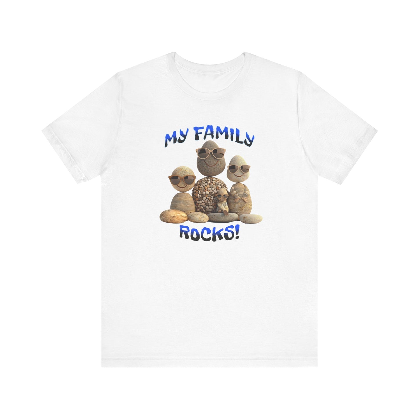 Family Rocks T-Shirt with Cartoon Image, Ribbed Collar, Dual Seams, Tapered Shoulders, 100% Cotton, White, Natural or Baby Blue, S-XL