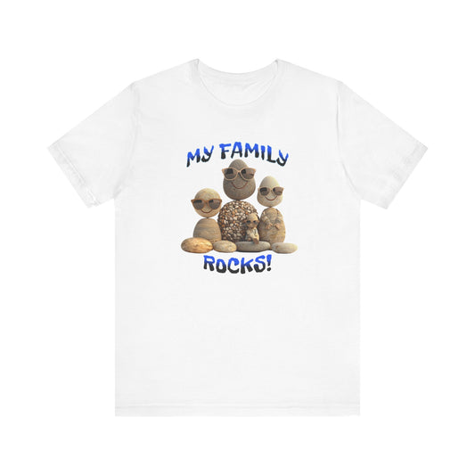 Family Rocks T-Shirt with Cartoon Image, Ribbed Collar, Dual Seams, Tapered Shoulders, 100% Cotton, White, Natural or Baby Blue, S-XL