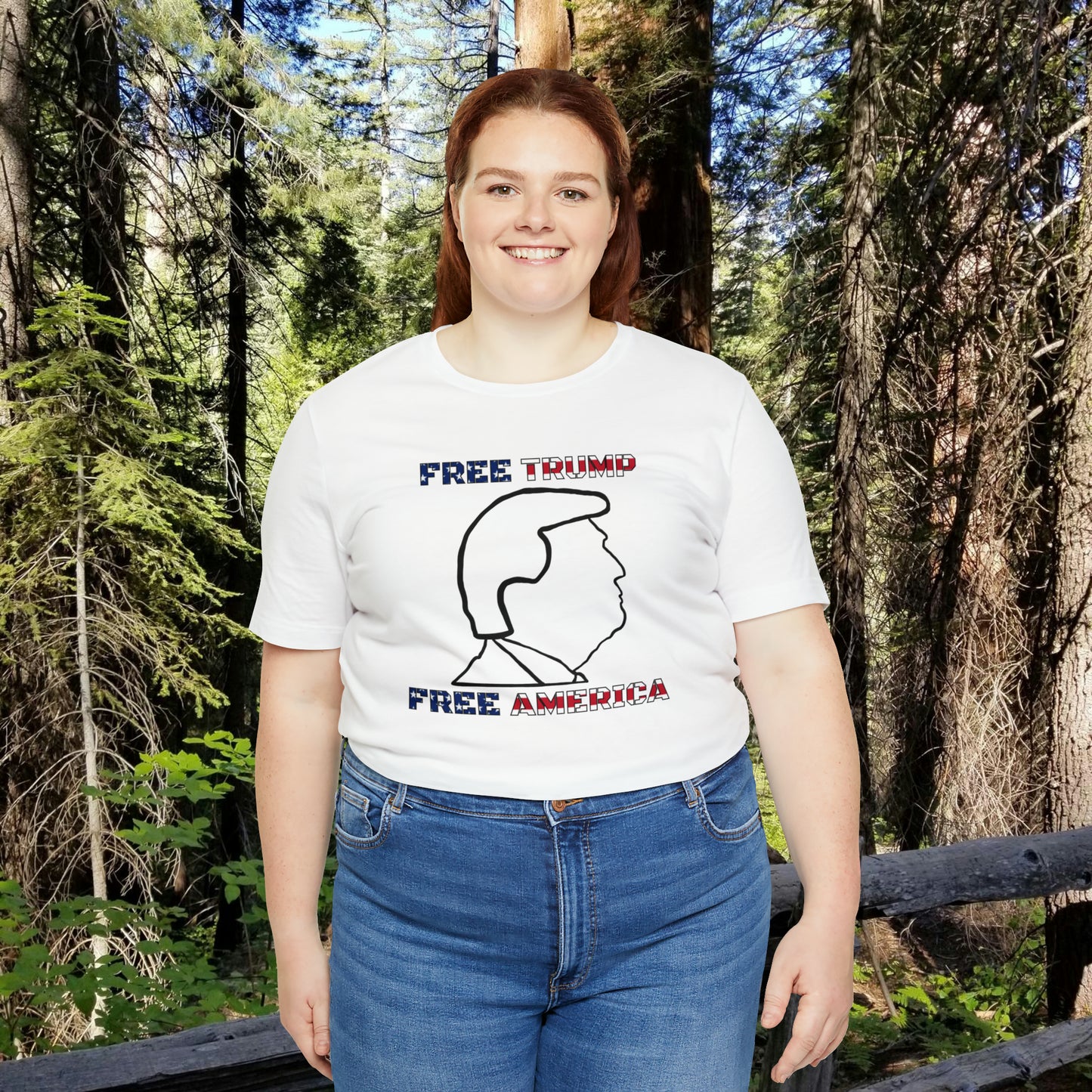 Free Trump Free America Unisex Jersey Short Sleeve Tee | MAGA America First POTUS 45 Donald American Freedom Save USA Republican 2024