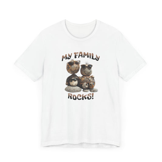 My Family Rocks! Cartoon Family T-Shirt, Short Sleeve, White or Baby Blue, Retail Fit, Cotton Blend