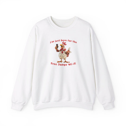 Chicken Funny Print Unisex Crewneck Sweatshirt, 'I'm just here for the free range Wi-Fi', White/Black/Sand/Navy