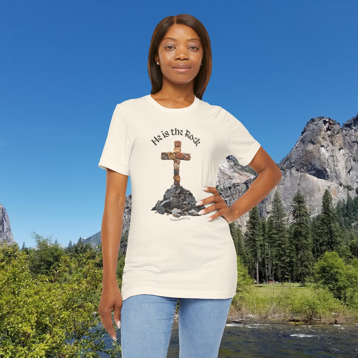 He is the Rock Cross T-Shirt, Small - XL, White or Solid Colors, Unisex Jersey Short Sleeve