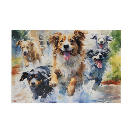 A Dog's Life Puzzle (110, 252, 520, 1014-piece) | Water color K9 Canines Playing Man's Best Friend Running Having Fun Animal Lover Jigsaw