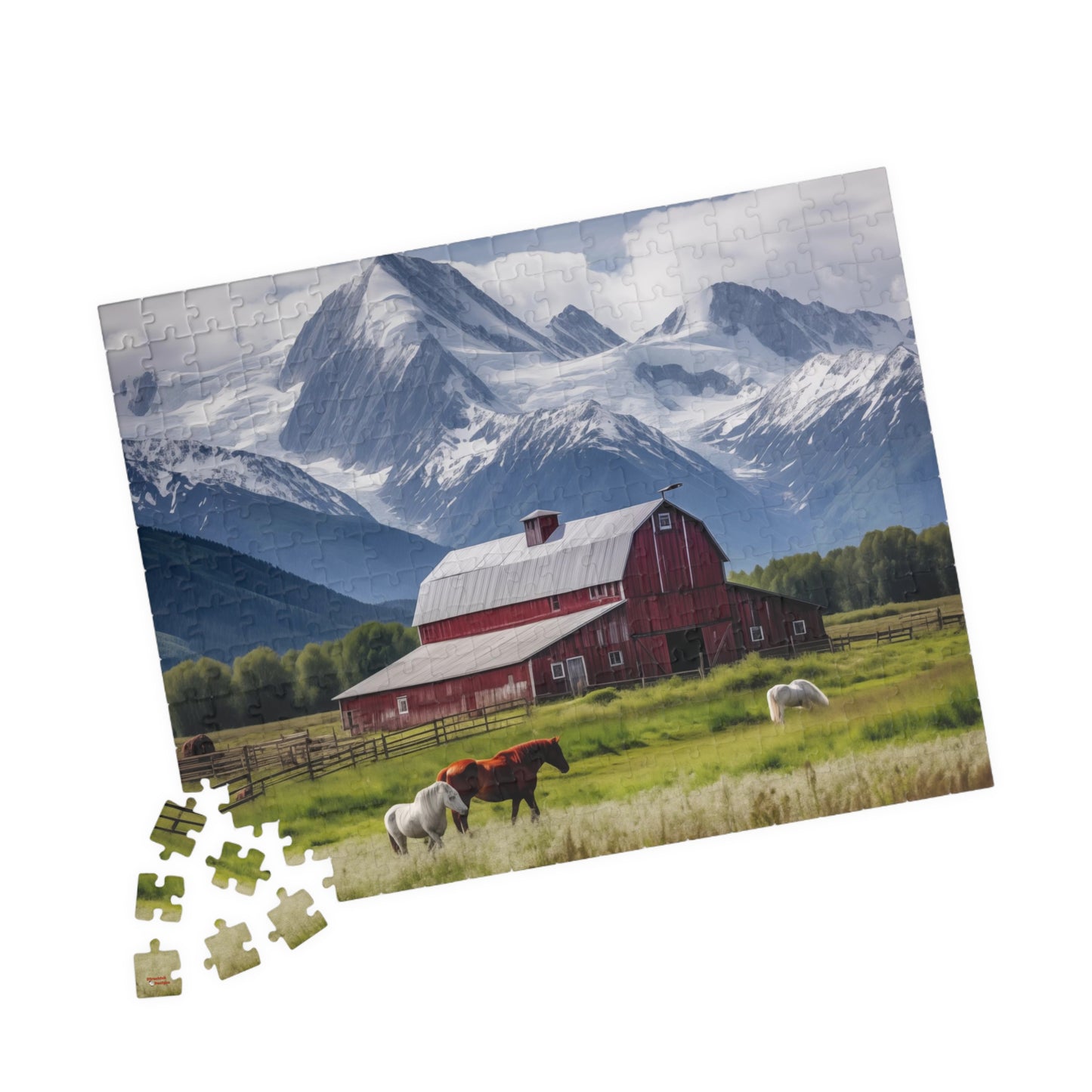 Country Scenic Puzzle with Red Barn, Horses, Mountains, 110-1014 Pieces Beautiful Scenic Country Living Horses Jig Saw America Family Fun Tabletop Indoor Games