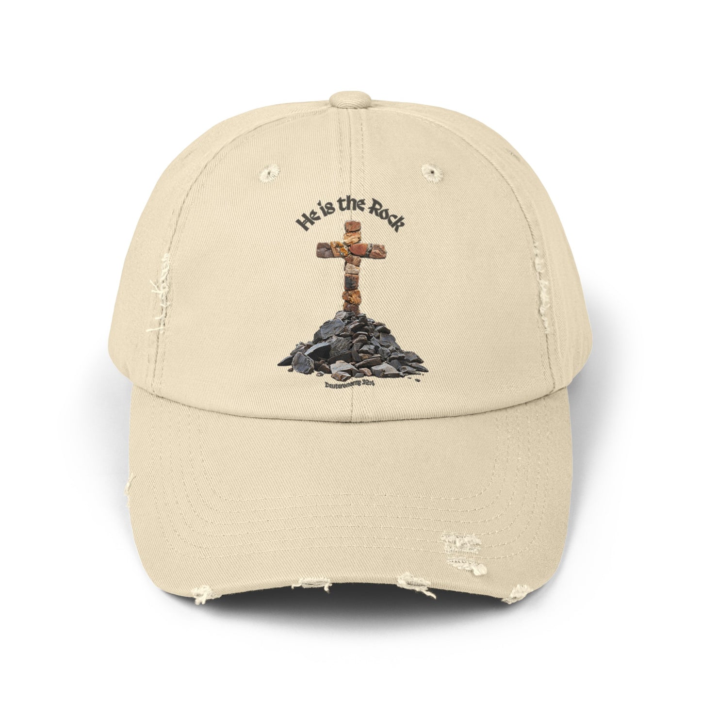 Distressed Cotton Cap with Crucifix Image and Bible Verse, 'He is the Rock' Deuteronomy 32:4, Low Profile Twill Hat, 3 Color Options