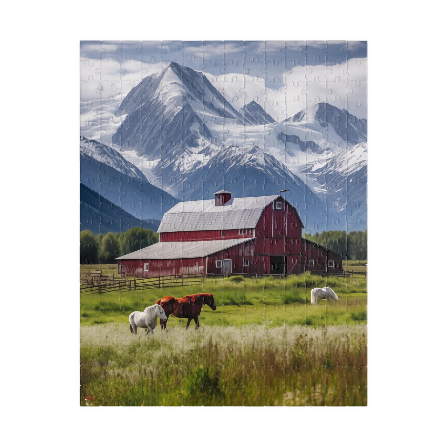 Country Scenic Puzzle with Red Barn, Horses, Mountains, 110-1014 Pieces Beautiful Scenic Country Living Horses Jig Saw America Family Fun Tabletop Indoor Games