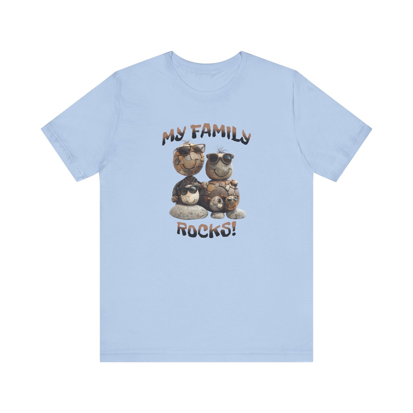 My Family Rocks! Cartoon Family T-Shirt, Short Sleeve, White or Baby Blue, Retail Fit, Cotton Blend